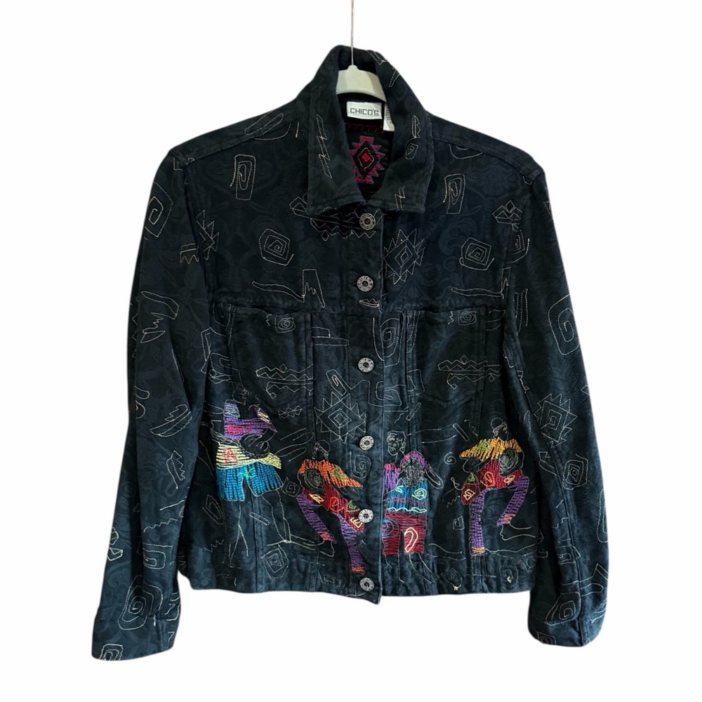 CHICO'S Embroidered‎ Jacket Tribal Bohemian Musicians Black 1 S-M